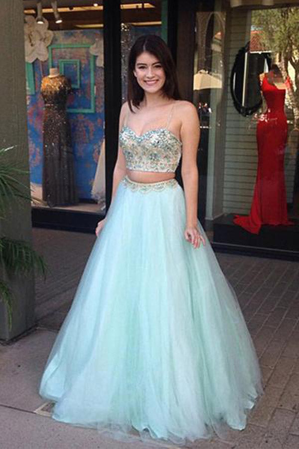 Two Piece Spaghetti Straps Mint Green Tulle Prom Dress With Beading,WP275