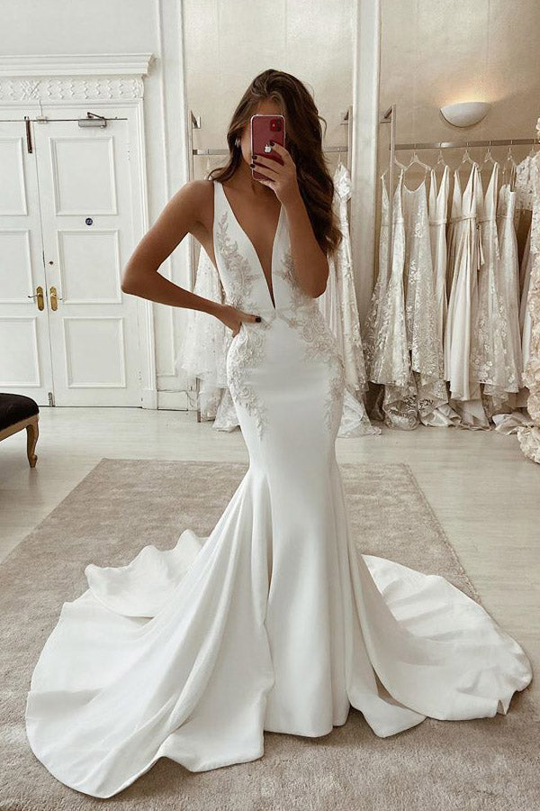 Yc449 Bridal Wedding Dress New Simple Bra Deep V Mermaid Dress