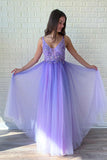 Beaded Purple Tulle Long Prom Dress With Appliques,WP245