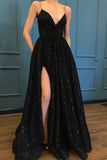 Shiny Spaghetti Straps Prom Dress Black Prom Dress,WP120