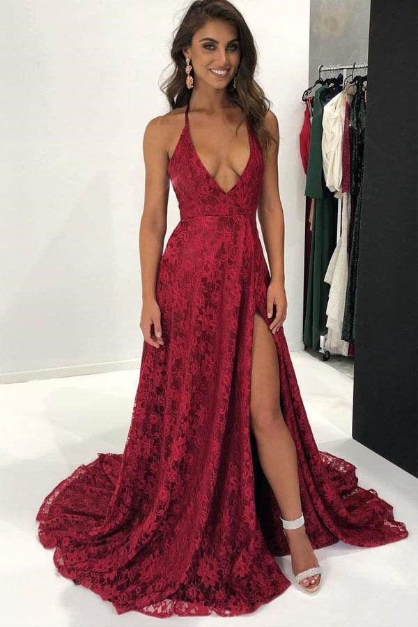 Burgundy Lace Backless Prom Dress Side Slit Evening Dress,WP157