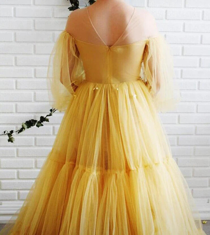 A-Line Puffy Long Sleeves Tulle Beaded Prom Dresses Pleat Evening Dress WP364