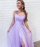 Backless Purple Tulle Long Prom Dress With Slit,WP348