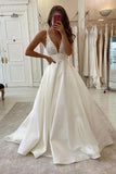 A Line Backless Ivory Satin Wedding Dress, Lace Bridal Gown,WW015