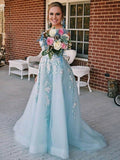 A-line V Neck Tulle Prom Dress With Floral Embroidery,WP129