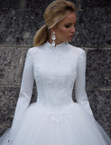 Ball Gown High Collar Long Sleeve White Tulle Wedding Dress WW310