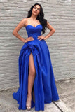 Royal Blue Satin Strapless Long Prom Dress Slit Evening Dress,WP192