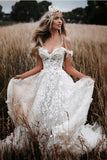 Off The Shoulder Ivory Tulle Lace Appliqued Wedding Dresses,WW220