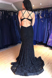 Mermaid Black Lace Deep V-neck Embrodiery Flower Prom Dress,WP269