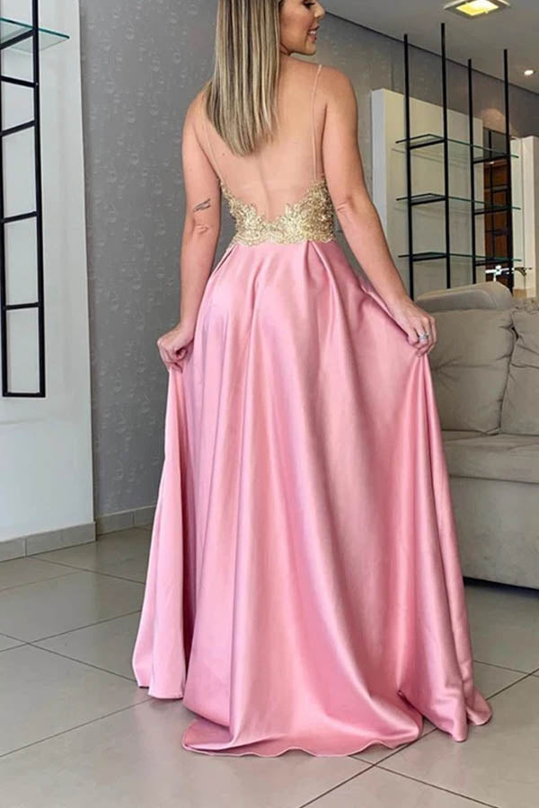 Gold Lace Top Satin Long Prom Dress With Slit,Long Evening Dress,WP148