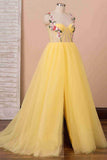 A Line Sweetheart Yellow Tulle Prom Dress Floral Party Dress,WP247