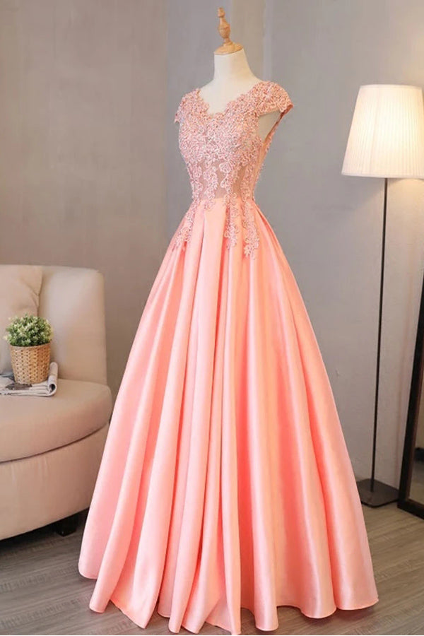 A Line Cap Sleeve Pink Satin Prom Dress Lace Top Evening Dress,WP115