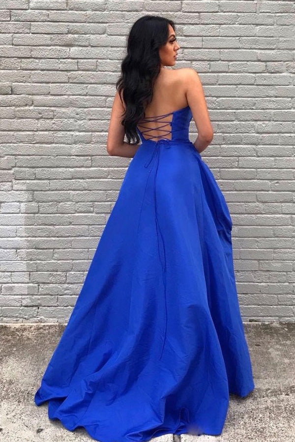 Royal Blue Satin Strapless Long Prom Dress Slit Evening Dress,WP192
