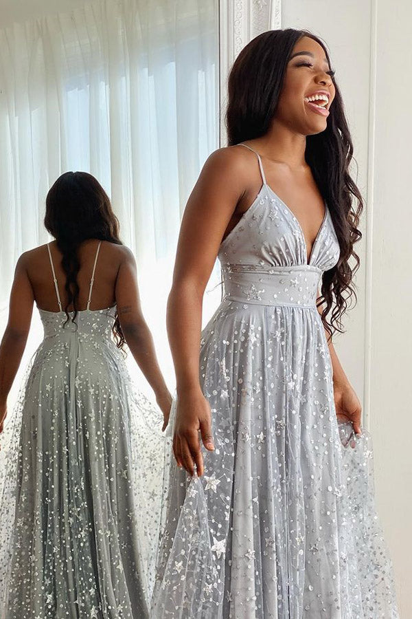 Spaghetti Straps Long Silver Tulle Prom Dress With Split,WP276
