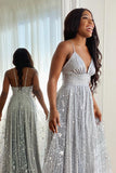 Spaghetti Straps Long Silver Tulle Prom Dress With Split,WP276