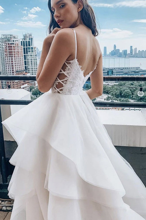 A Line Spaghetti Straps Prom Dress White Lace Wedding Dress,WW167