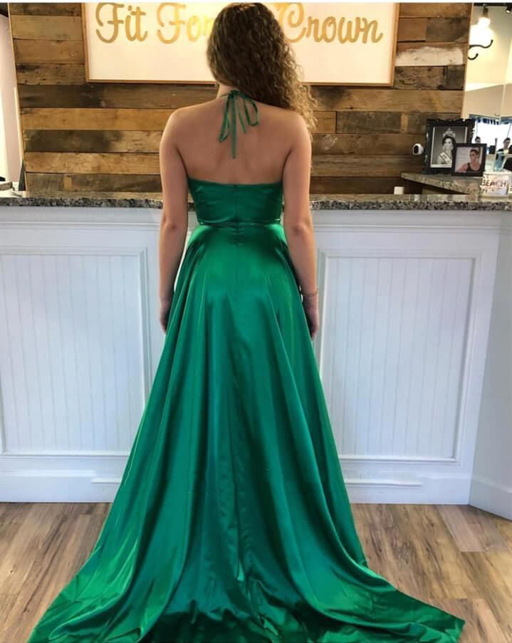 Green Satin A-line Deep V-Neck Long Prom Dress With Pocket,WP099