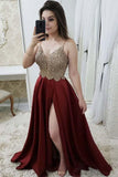 Gold Lace Top Satin Long Prom Dress With Slit,Long Evening Dress,WP148