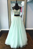 Two Piece Spaghetti Straps Mint Green Tulle Prom Dress With Beading,WP275