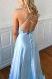 A Line Sky Blue Satin Long Prom Dress Formal Dress,WP133