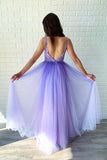 Beaded Purple Tulle Long Prom Dress With Appliques,WP245