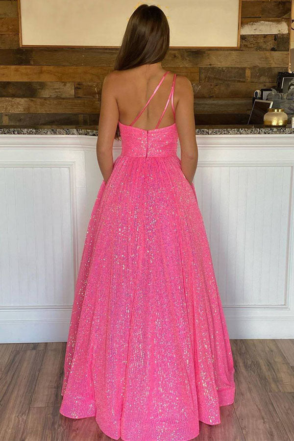 Sparkly Hot Pink One Shoulder Long Prom Dress Evening Dress,WP175