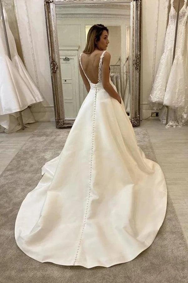 A Line Backless Ivory Satin Wedding Dress, Lace Bridal Gown,WW015