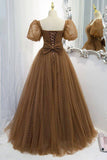 Brown Short Puff Sleeve Formal Dress With White Dots,WP260