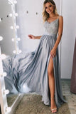 A-line Satin Straps Lace Appliqued Prom Dress With Slit,WP100