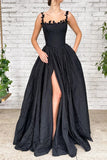 Black A Line Taffeta Long Prom Dress With Slit,WP308