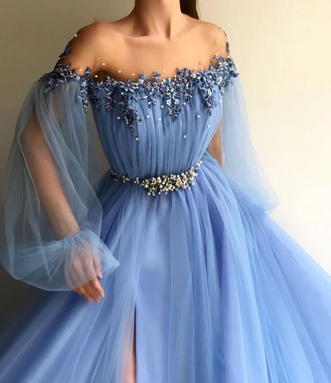 Long Sleeve Tulle Prom Dress Floral Evening Dress,WP207