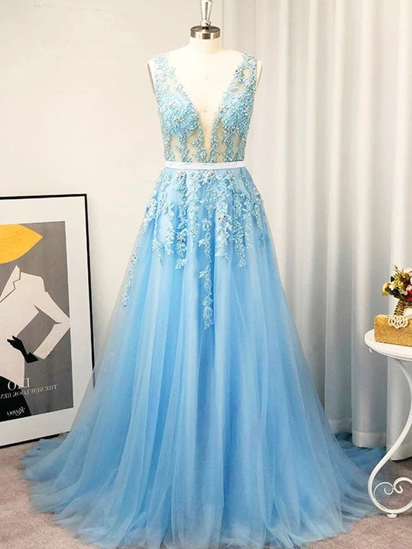 A-line Applique Tulle Prom Dress With Sweep Train,Wp450