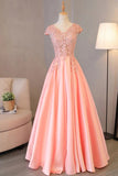 A Line Cap Sleeve Pink Satin Prom Dress Lace Top Evening Dress,WP115