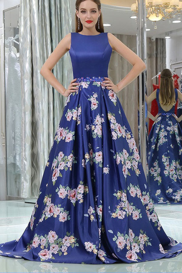 Royal Blue Satin Floral Print Long Prom Dress Evening Dress,WP217