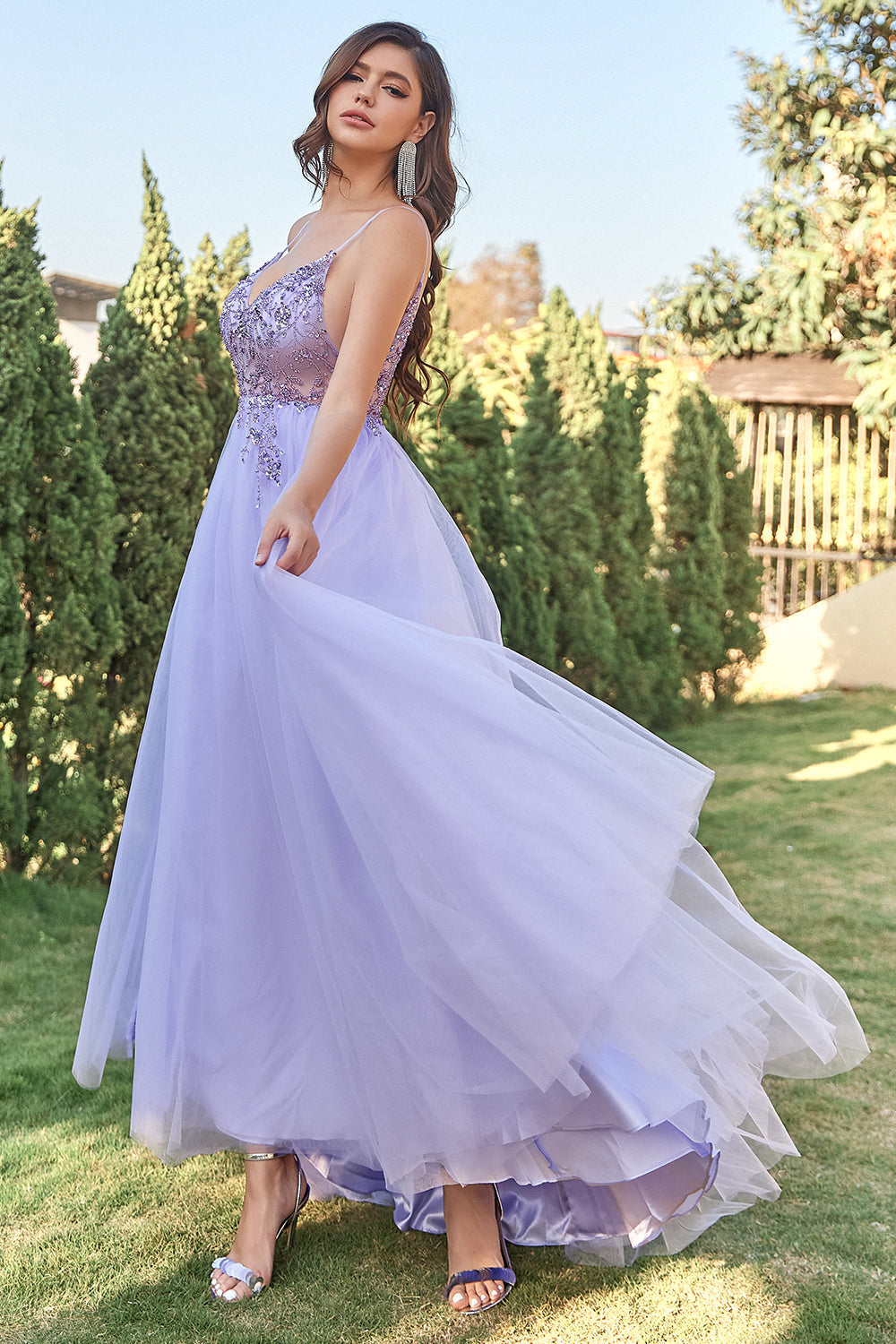 Lavender A-Line Tulle Long Prom Dress With Beading,WP414