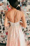 A Line One shoulder Pink Long Prom Dress,Appliques Evening Dress,WP406