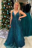 Sparkly Teal Sequins Long Prom Dress Backless Evening Dress,WP165