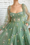 Sweetheart Green Tulle Tea Length Prom Dresses With Embroidery,WP373