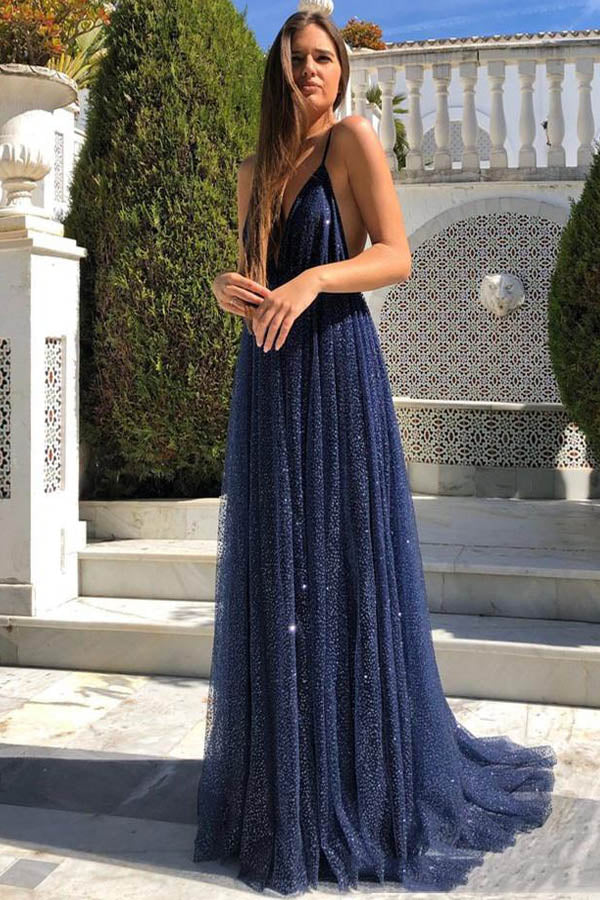 Sparkly Deep V Neck Prom Dress Backless Evening Gown,WP202