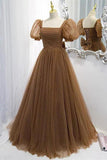Brown Short Puff Sleeve Formal Dress With White Dots,WP260