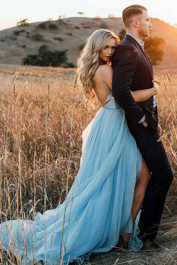 Rustic Sky Blue Chiffon Wedding Dress Slit Prom Dress,WW084 – winkbridal