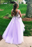 V Neck Lilac Tulle Long Prom Dresses With White Lace WP395