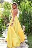 Glamorous V Neck Straps Yellow Satin Prom Dress,Backless Evening Dress WP106