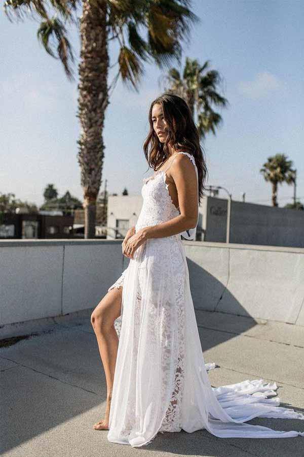 A Line White Chiffon Beach Wedding Dress Spaghetti Straps Bridal Gown ,WW139