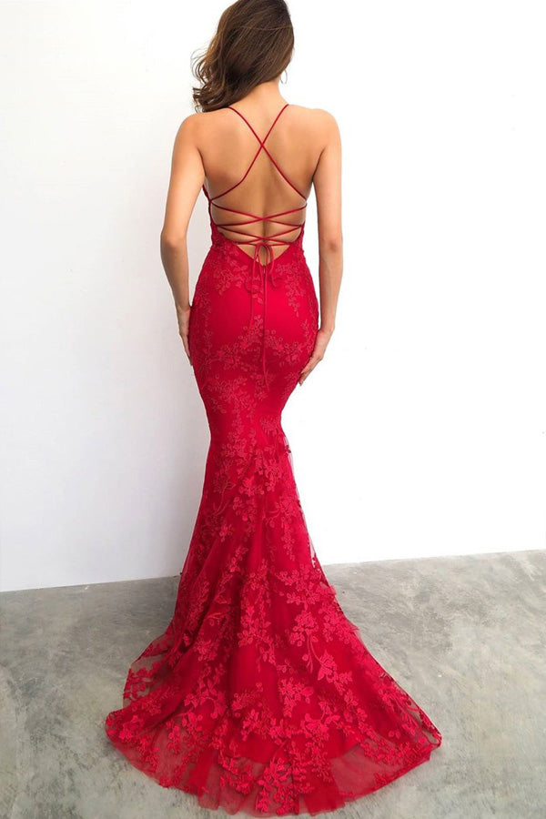 Mermaid Red Lace Prom Dress Backless Evening Dress,WP168