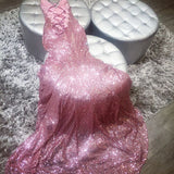 Mermaid Rose Gold Sequins Long Prom Dress Straps Evening Dress,WP189