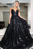 Shiny Sequins Black Evening Dress Spaghetti Straps Prom Dress,WP117