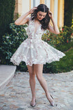 V Neck Tulle Lace Homecoming Dress Floral Short Prom Dress,WD139