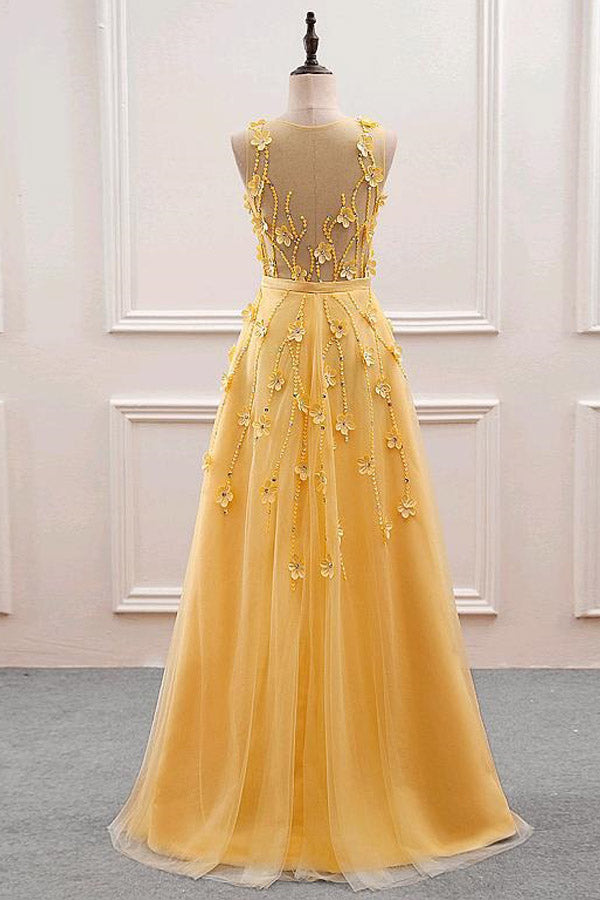 A-Line  Yellow Tulle Long Prom Dress With 3D Flowers,WP281