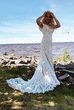 Boho Lace Sheath Cap Sleeve Wedding Dress With Sweep Train WW262